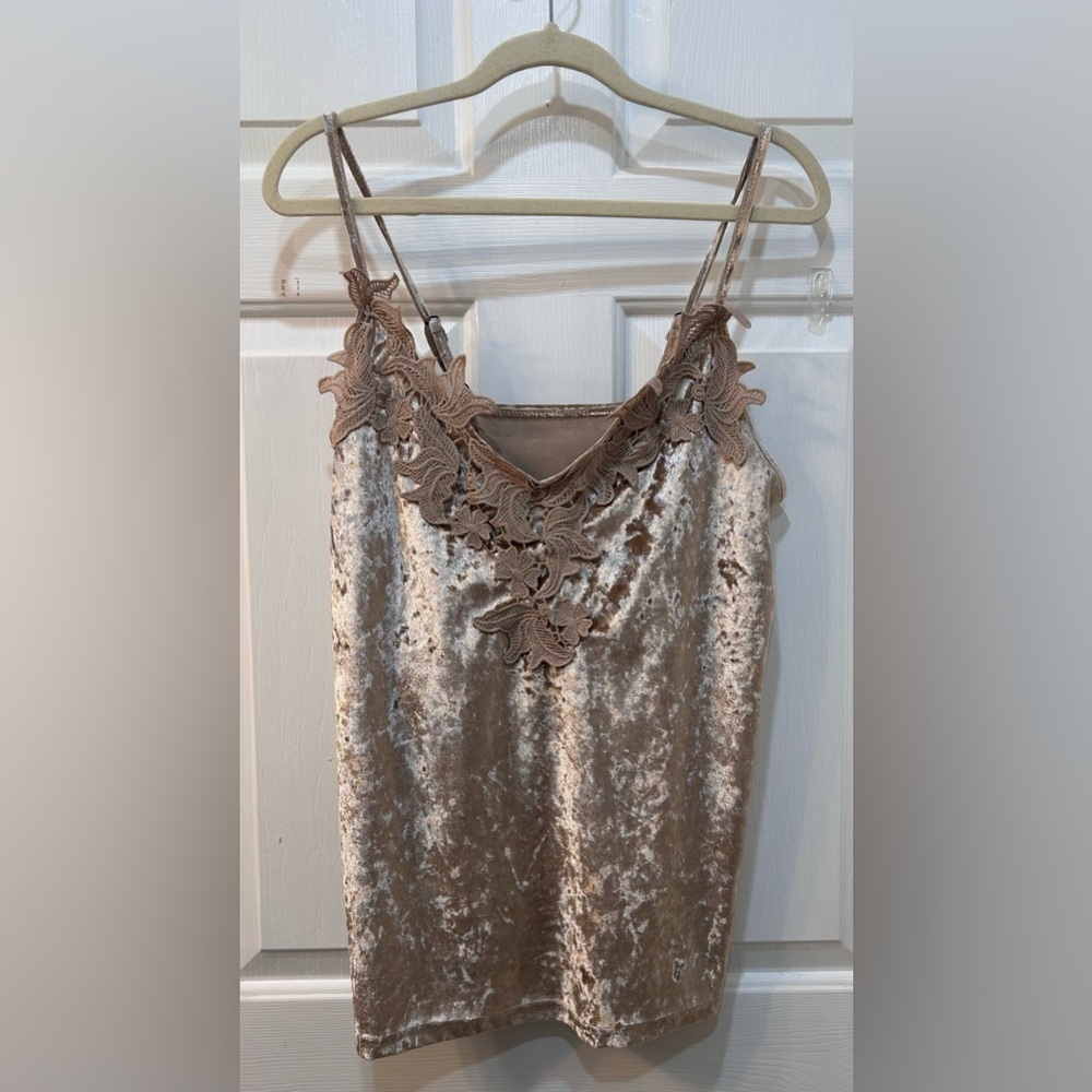 Champagne Velvet Camisole W/ Floral Lace Applique Women Sz M Holiday Party NYE